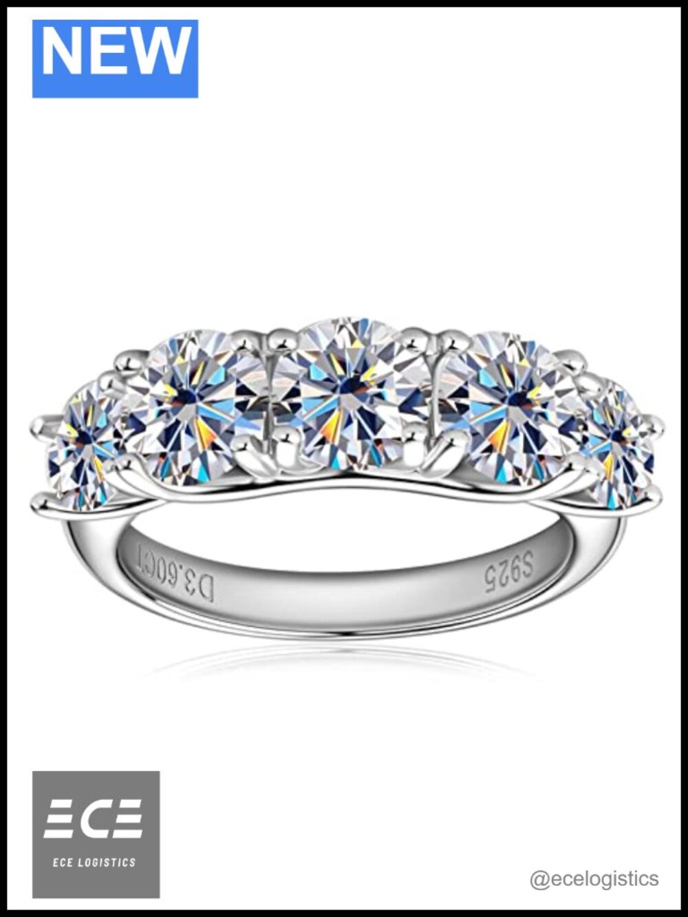 5 Stone Moissanite Half Eternity Ring 925 Sterling Silver Wedding Band